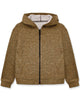 A kids' zip-up hoodie in a heathered brown fabric, featuring a gray lining inside the hood and a black front zipper.