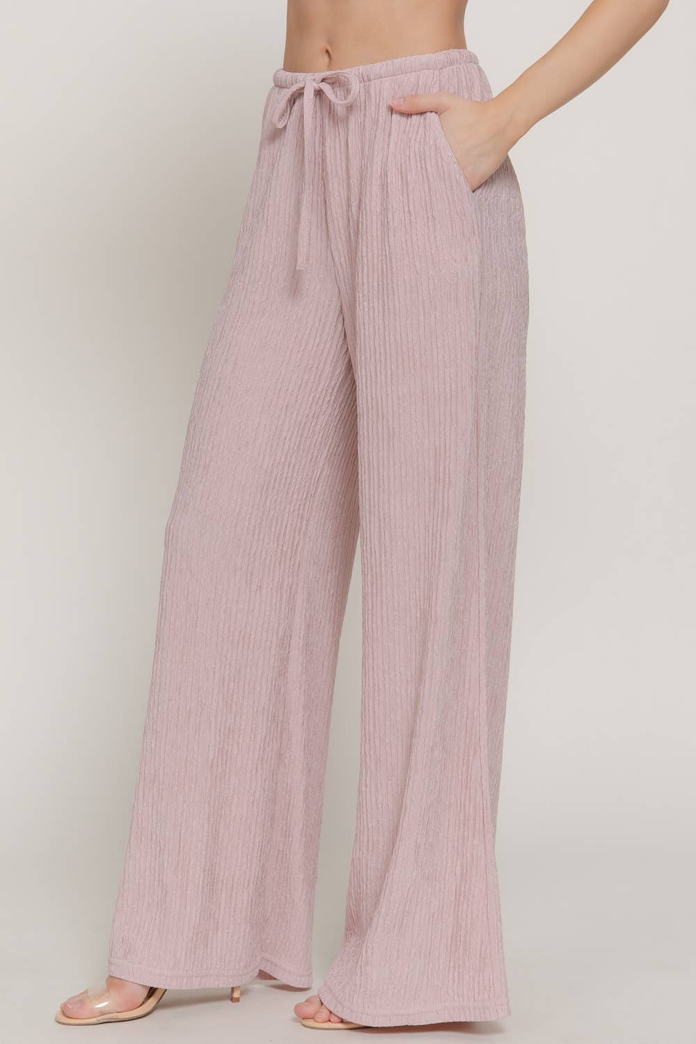 Pink Crinkle Knit Long Pants