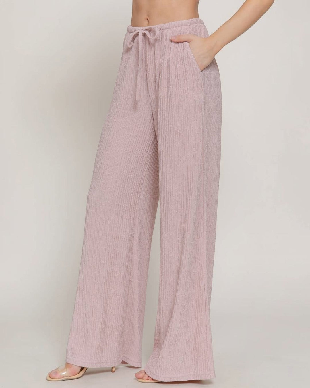 Pink Crinkle Knit Long Pants