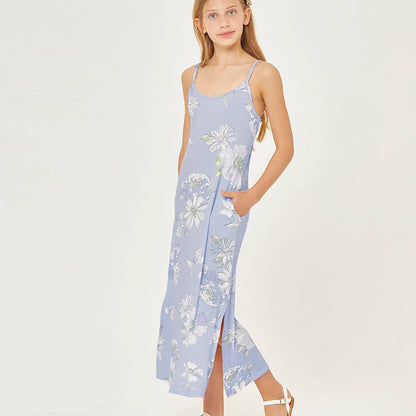 Blue Floral Sleeveless Maxi Dress