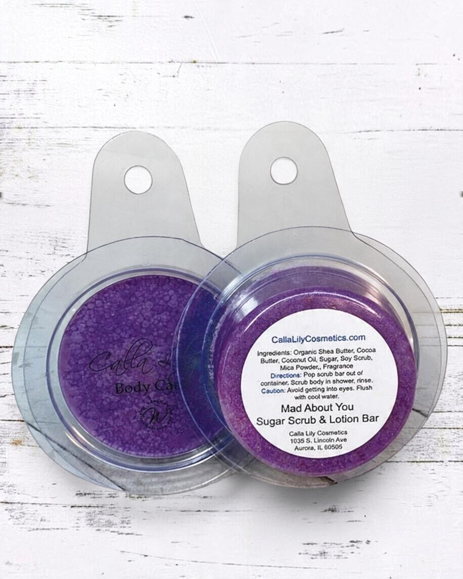 Calla Lily Cosmetics + CL kids purple Mad About You sugar scrub and lotion bar in clear plastic packaging