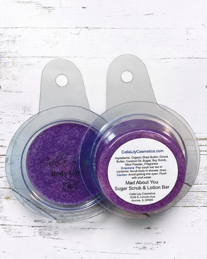Calla Lily Cosmetics + CL kids purple Mad About You sugar scrub and lotion bar in clear plastic packaging