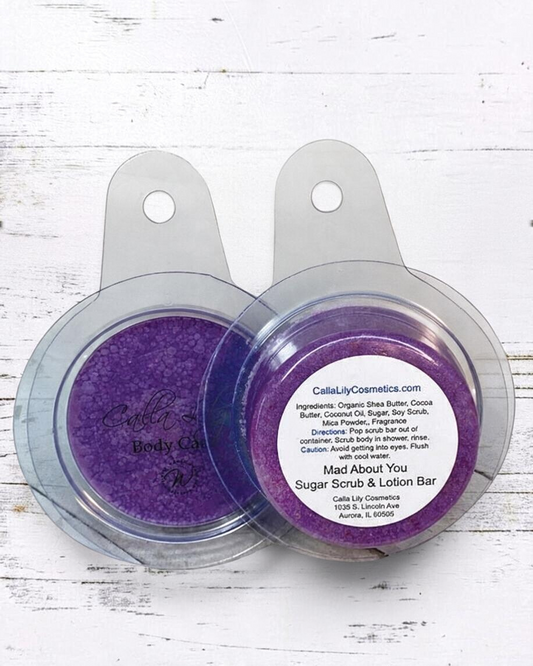 Calla Lily Cosmetics + CL kids purple Mad About You sugar scrub and lotion bar in clear plastic packaging