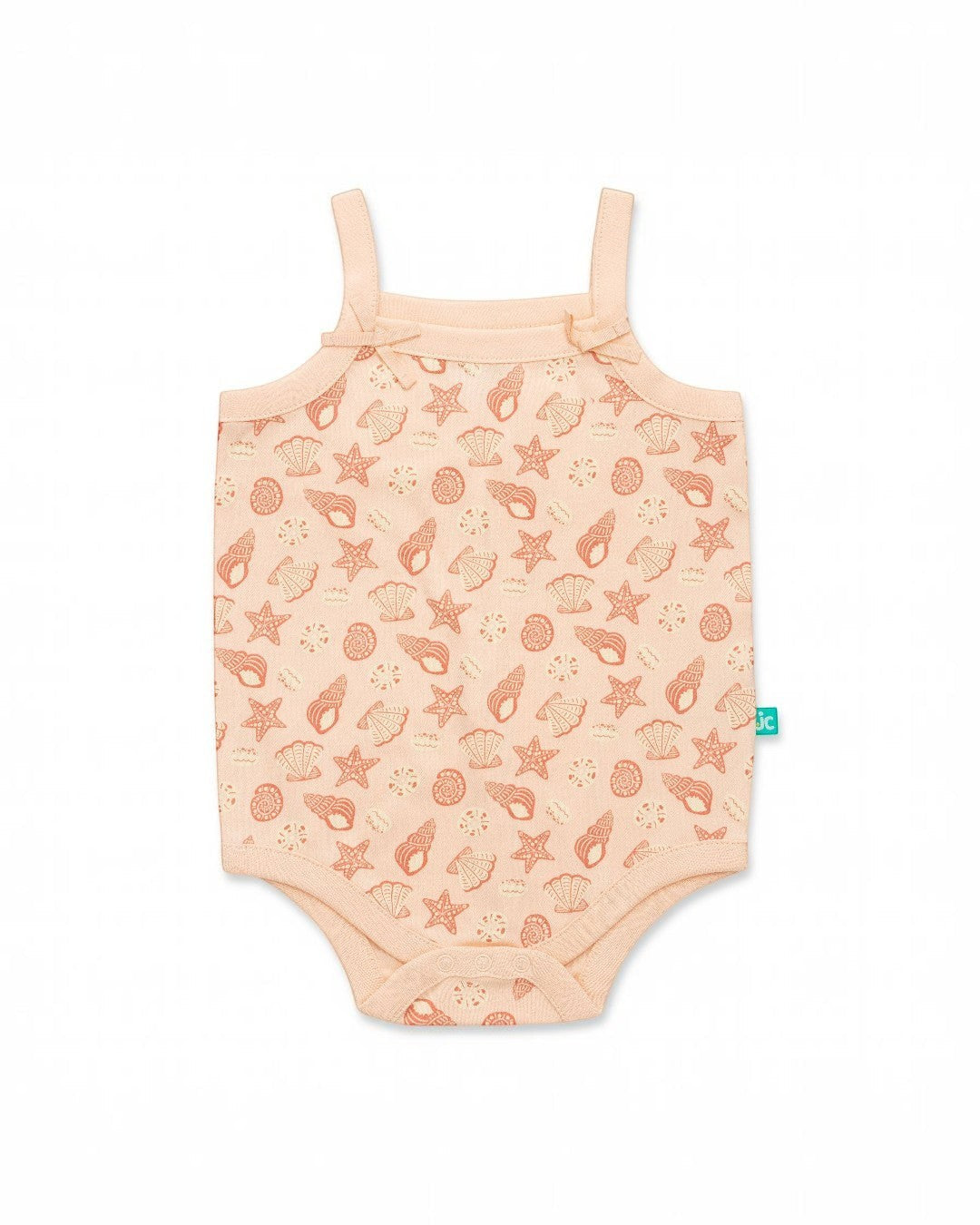 Baby romper with sea-themed pattern on a white background
