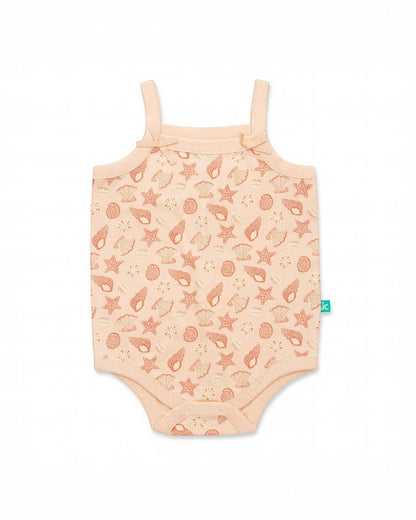 Baby romper with sea-themed pattern on a white background