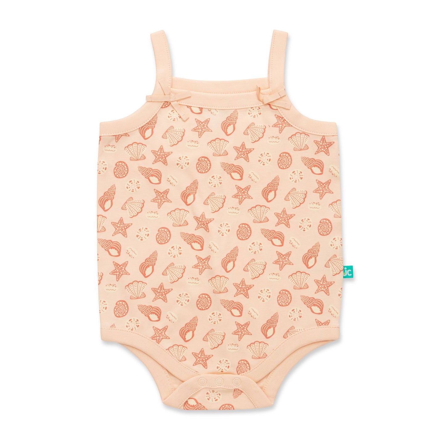 Baby romper with sea-themed pattern on a white background