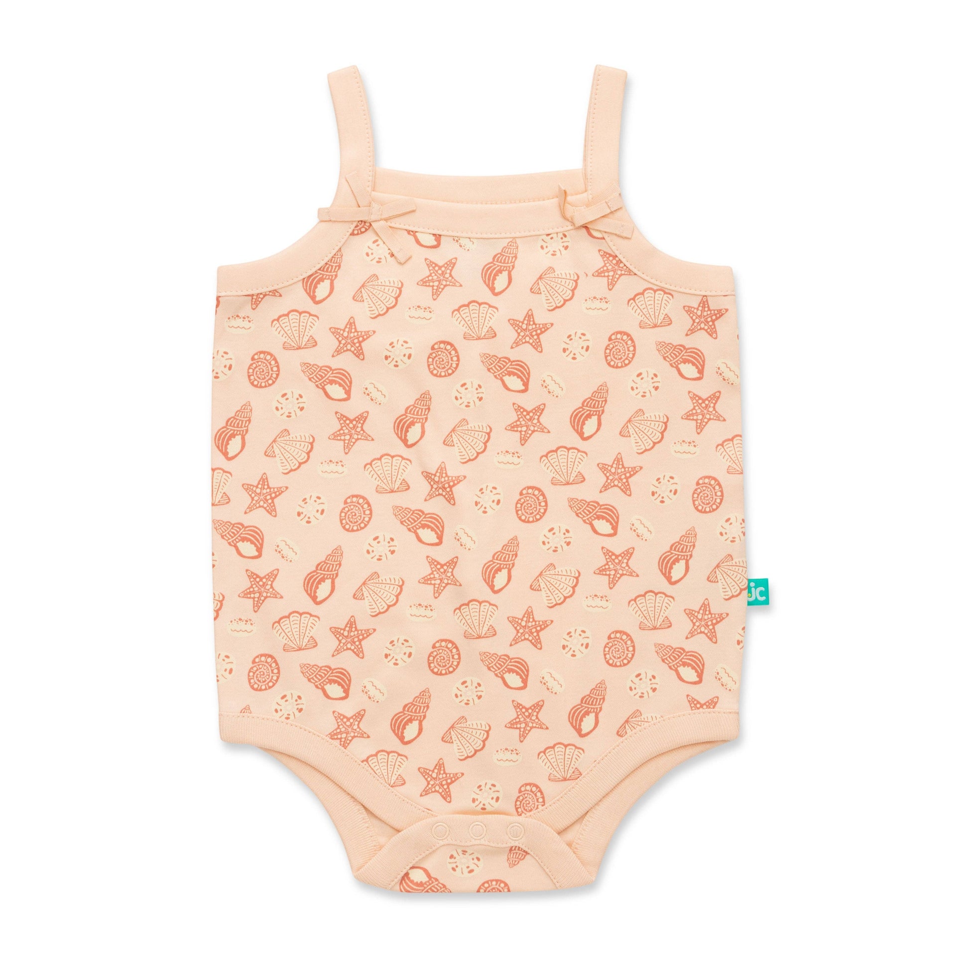 Baby romper with sea-themed pattern on a white background