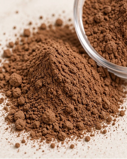 Cocoa powder with a small glass bowl filled with it on a light background