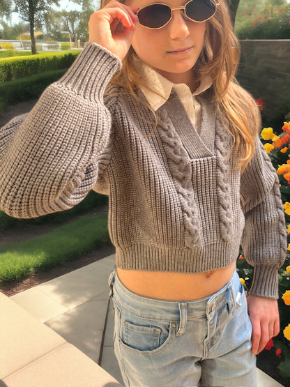 Grey Faux Collared Sweater