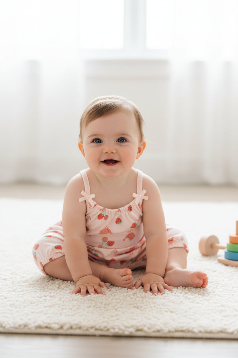 Baby romper with strawberry pattern on a white background
