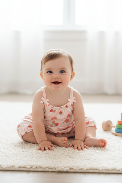 Baby romper with strawberry pattern on a white background