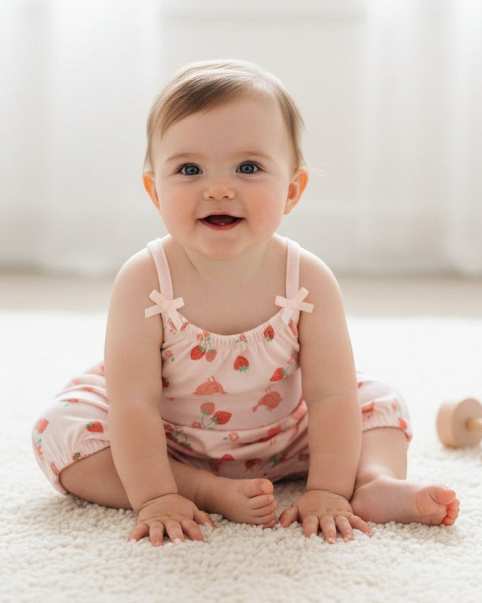 Baby romper with strawberry pattern on a white background