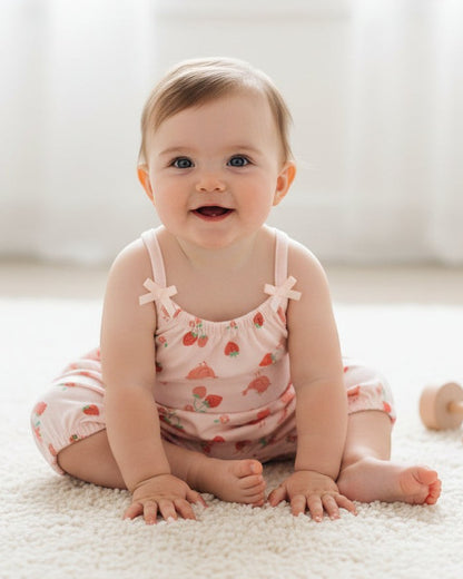 Baby romper with strawberry pattern on a white background