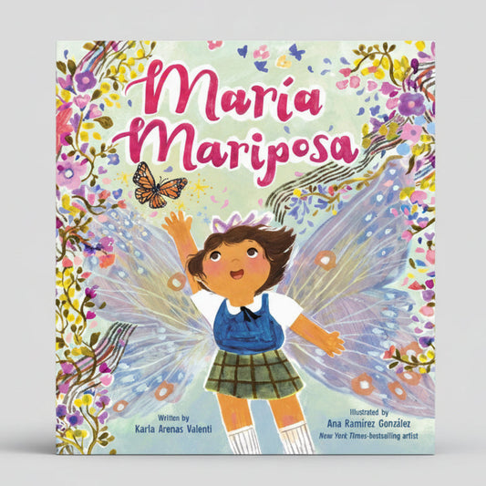 Book cover of 'Maria Mariposa' with a girl with butterfly wings and colorful flowers.