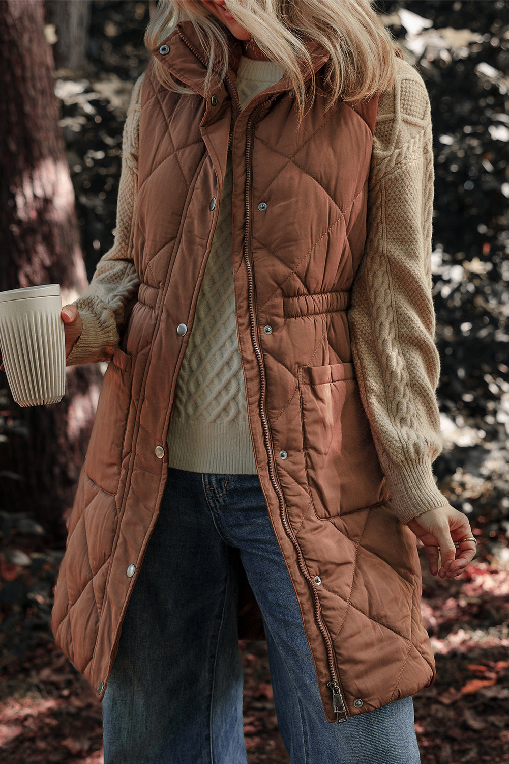 Coffee Longline Quilted Puffer Vest