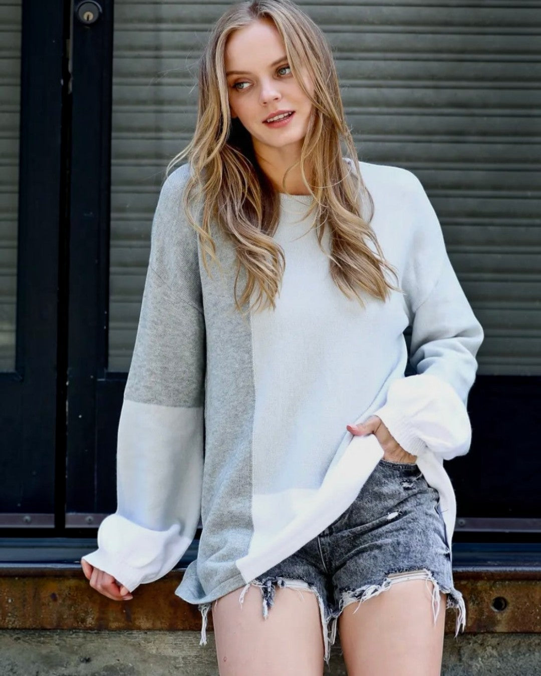 Grey & Blue Color Block Sweater