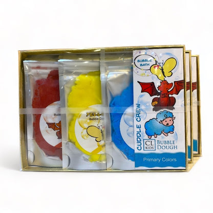 Our bubble dough box set with packs of red yellow and blue bubble dough inside