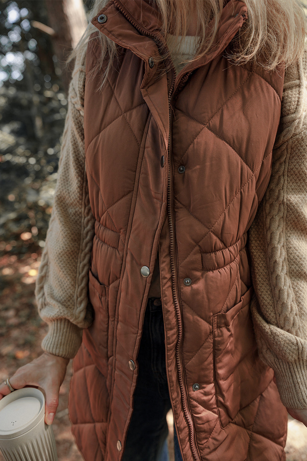 Coffee Longline Quilted Puffer Vest