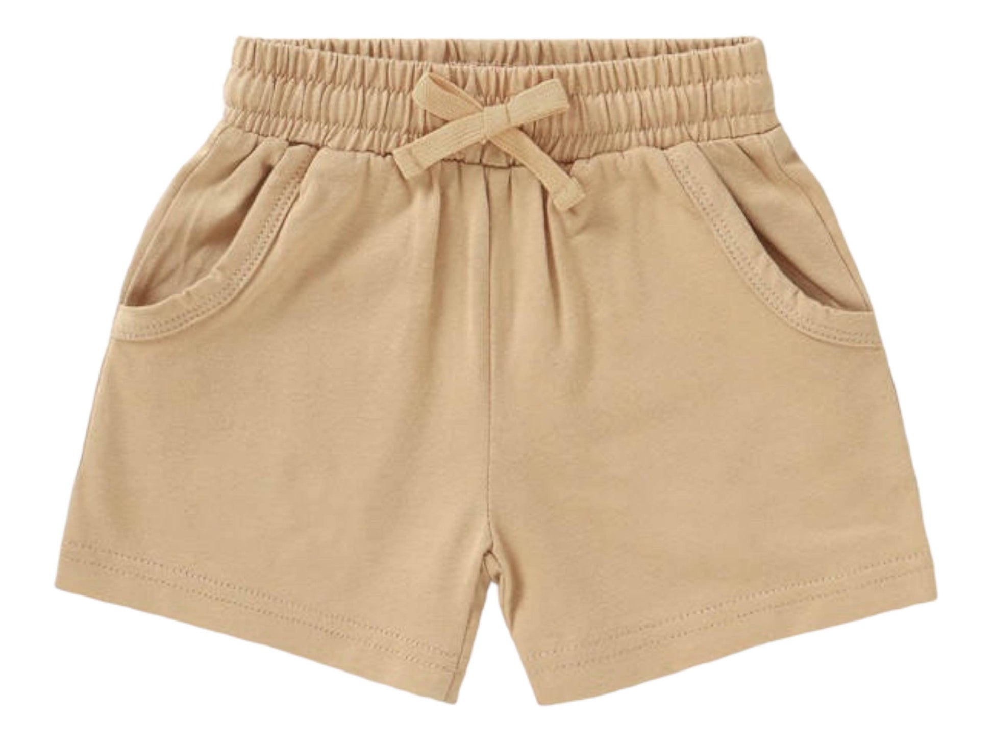 Beige shorts with an elastic waistband on a white background
