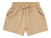 Beige shorts with an elastic waistband on a white background