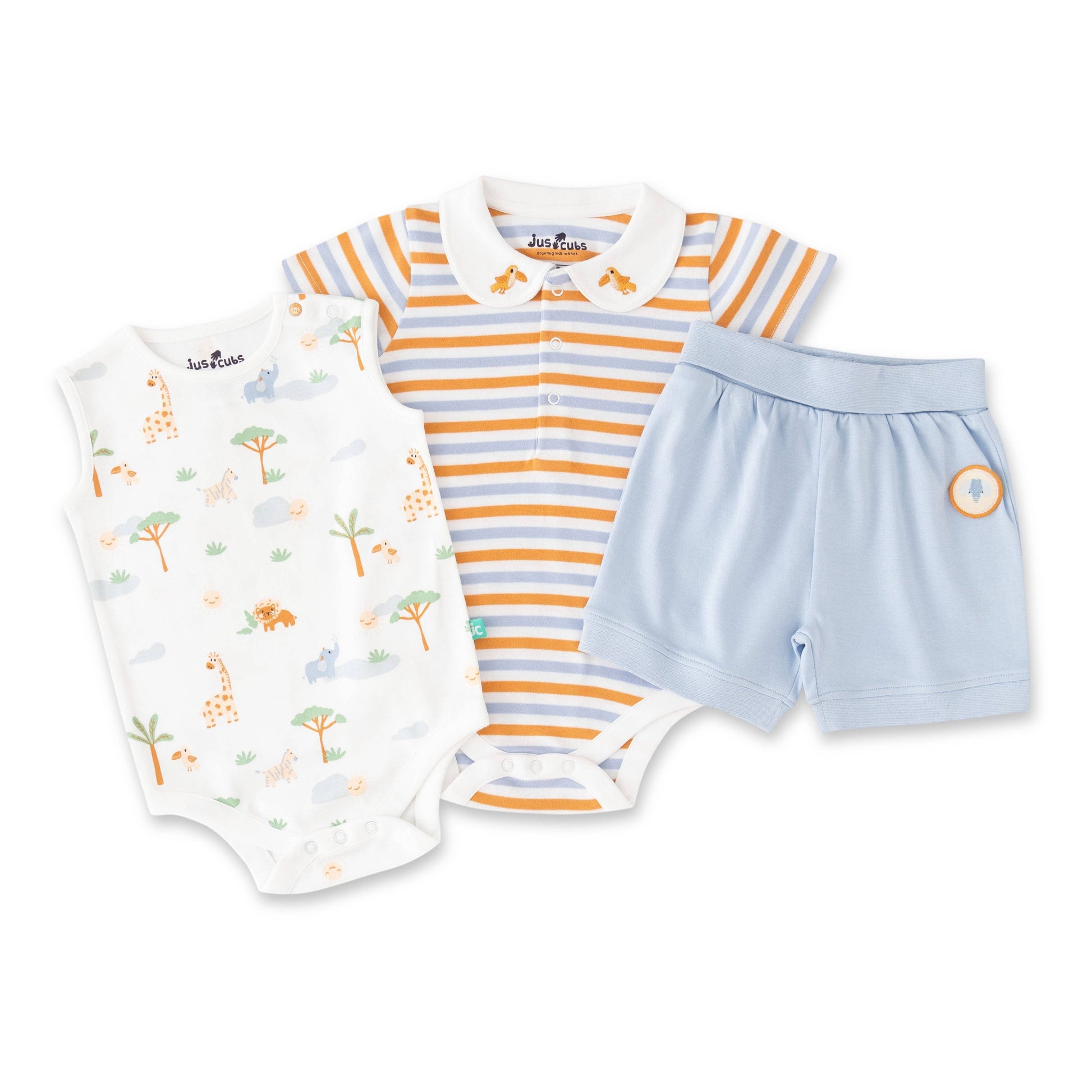 Set of baby clothing including a onesie, striped shirt, and shorts on a white background