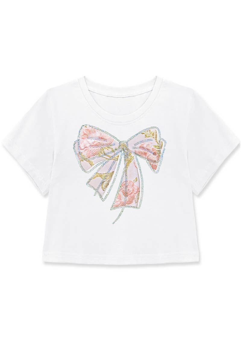 Crop Tee w/ Bow Patch & Rhinestone