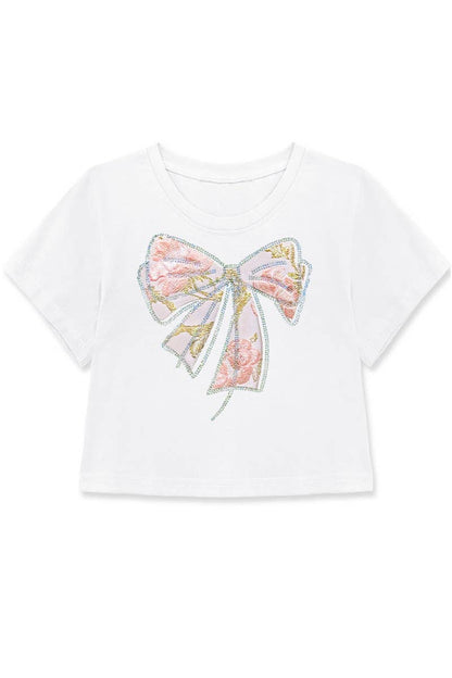Crop Tee w/ Bow Patch & Rhinestone