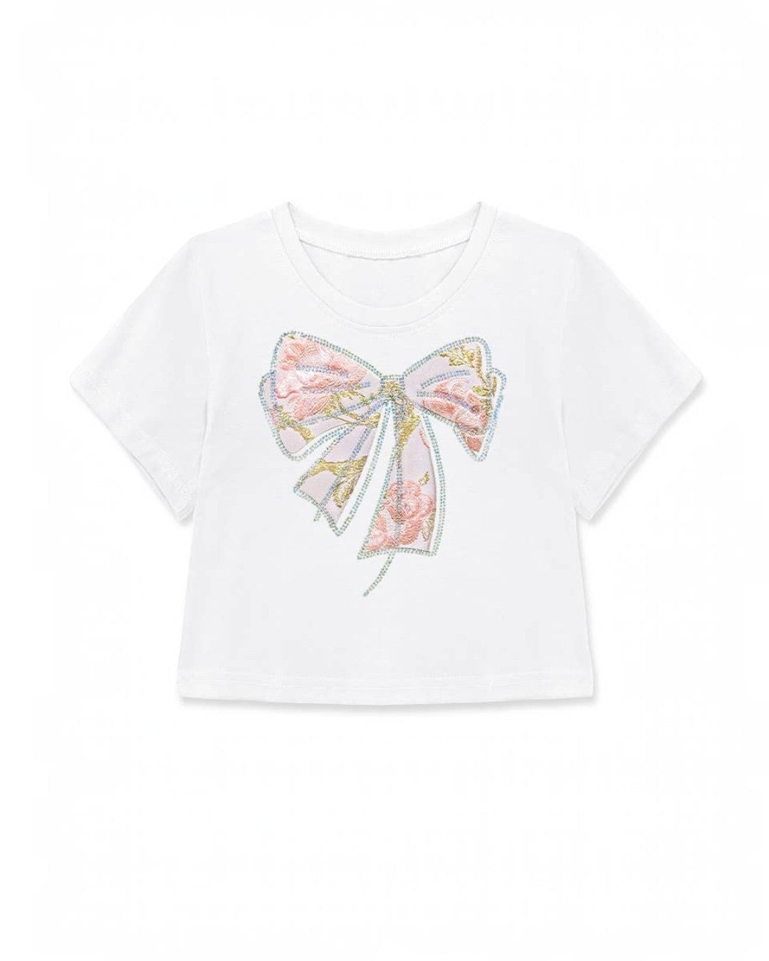 Crop Tee w/ Bow Patch & Rhinestone
