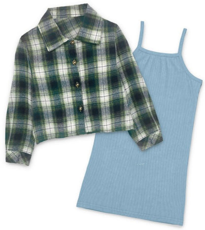 Spaghetti Strap Blue Grey Dress & Green Flannel Shirt - Calla Lily Cosmetics + CL kids