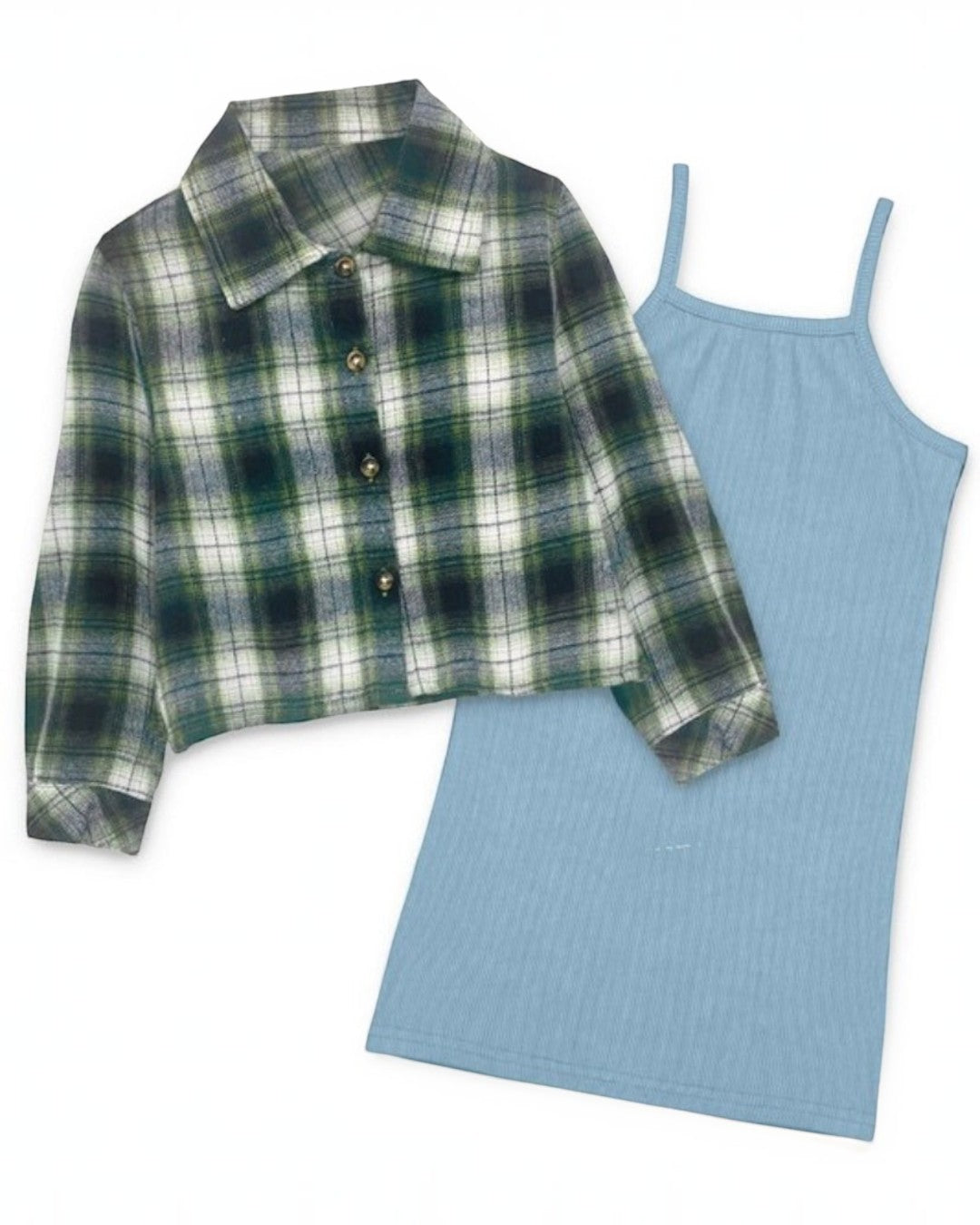 Spaghetti Strap Blue Grey Dress & Green Flannel Shirt - Calla Lily Cosmetics + CL kids