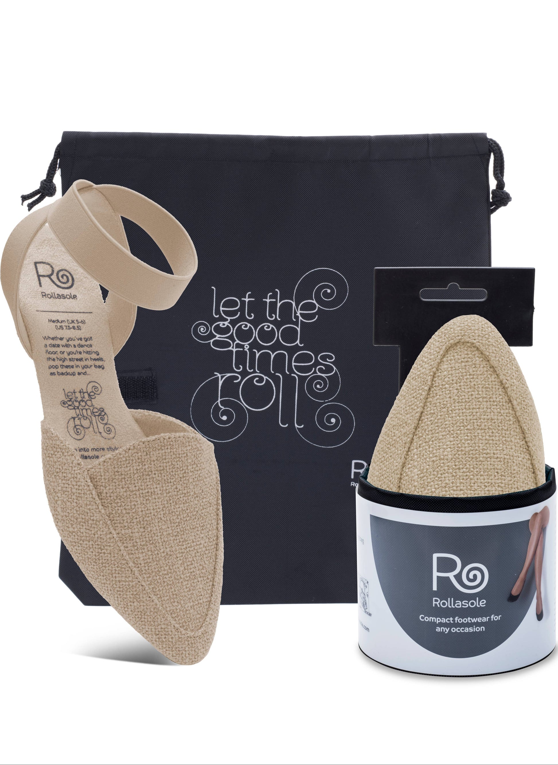 Foot care product set with beige insoles, packaging, and a black bag on a white background.