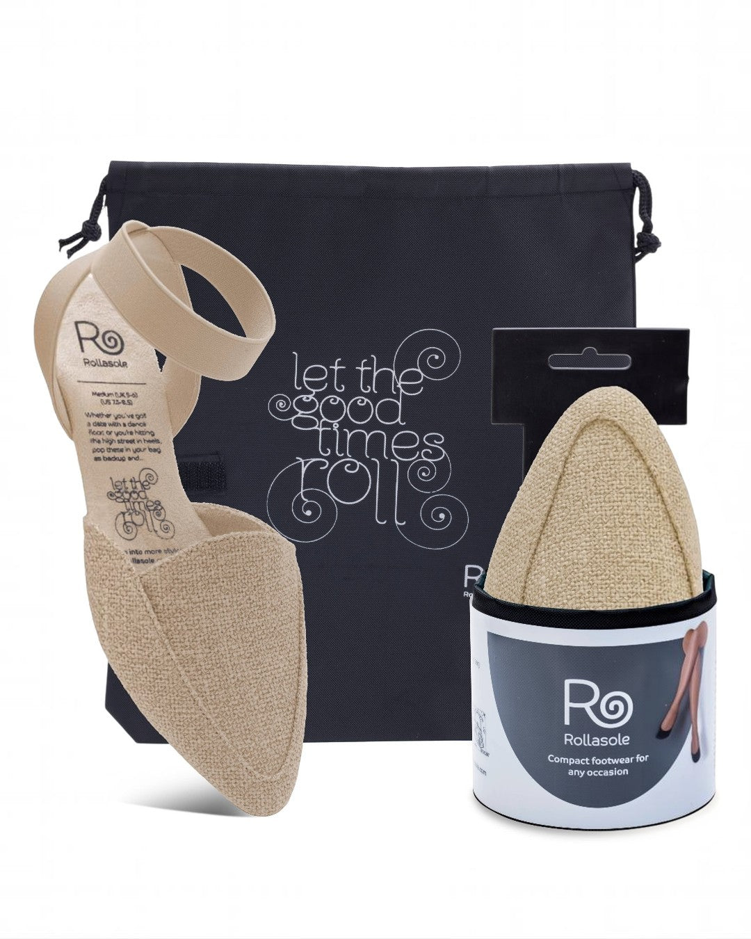Foot care product set with beige insoles, packaging, and a black bag on a white background.