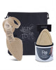 Foot care product set with beige insoles, packaging, and a black bag on a white background.