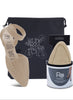 Foot care product set with beige insoles, packaging, and a black bag on a white background.