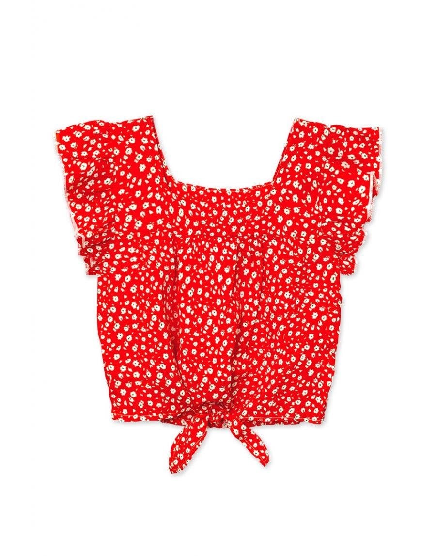 Girl's Fashion Top w/ Ruffle Sleeve & Tie-Front - Red