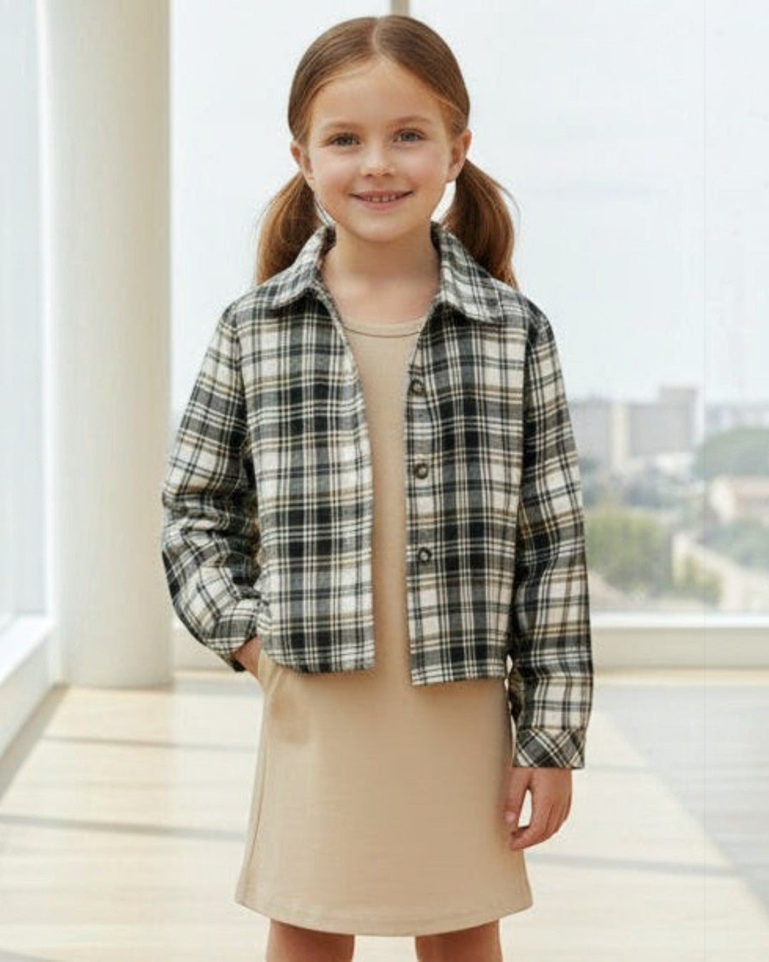 Spaghetti Strap Tan Dress & Black Flannel Shirt - Calla Lily Cosmetics + CL kids