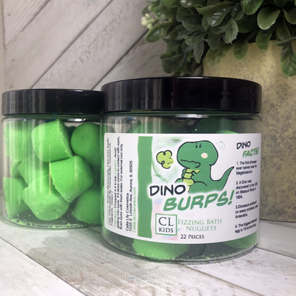 Two jars of our green gumdrop shaped dino burps bath bombs