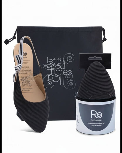 Black shoe with packaging and a container labeled 'Polissole' on a white background