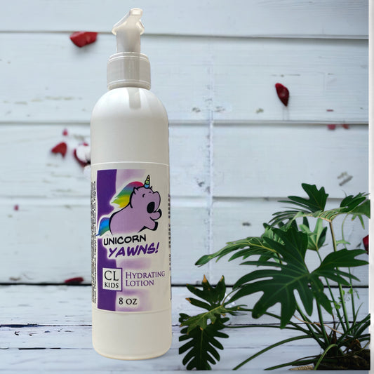 A white pump bottle of our unicorn yawns body lotion