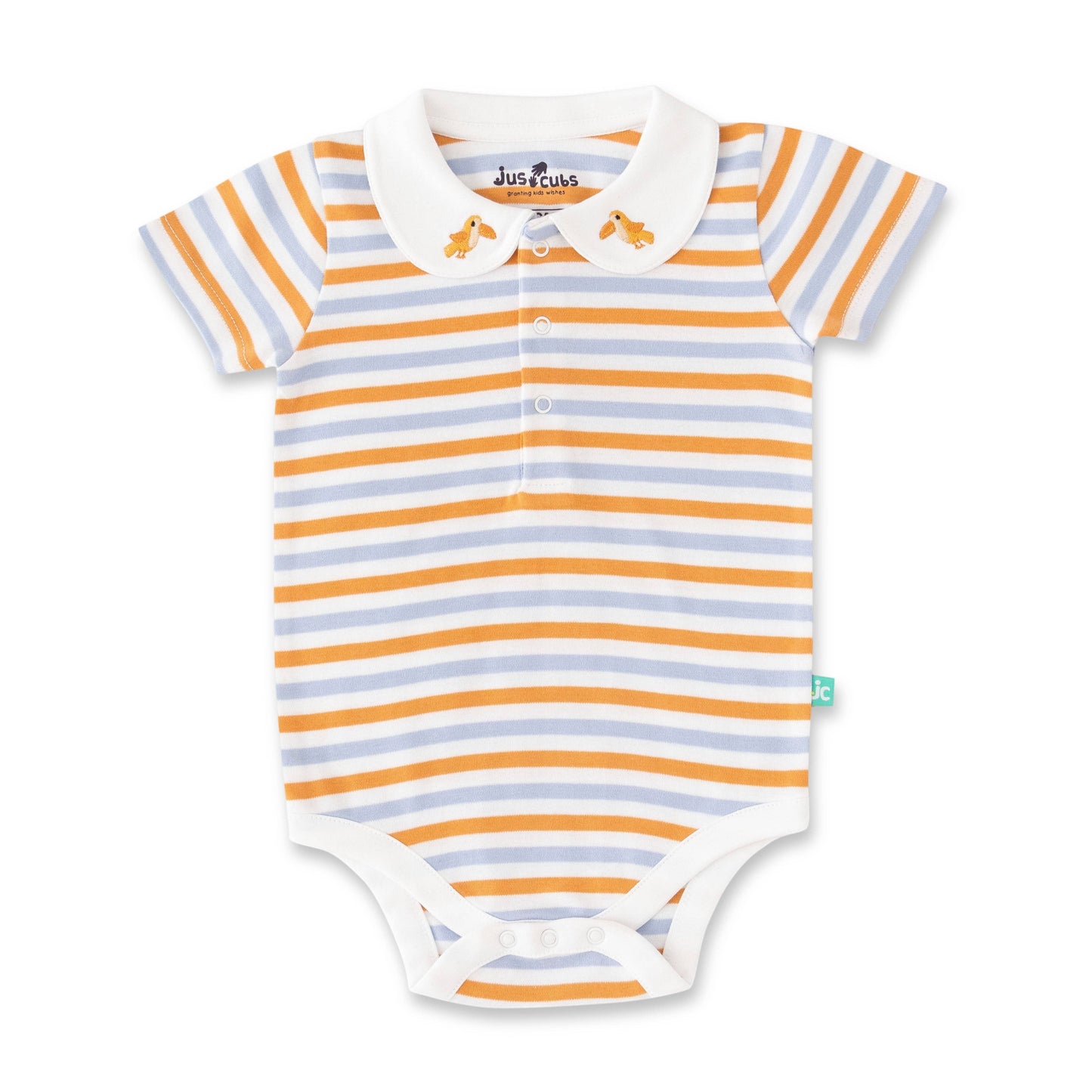 Striped baby onesie with collar on a white background