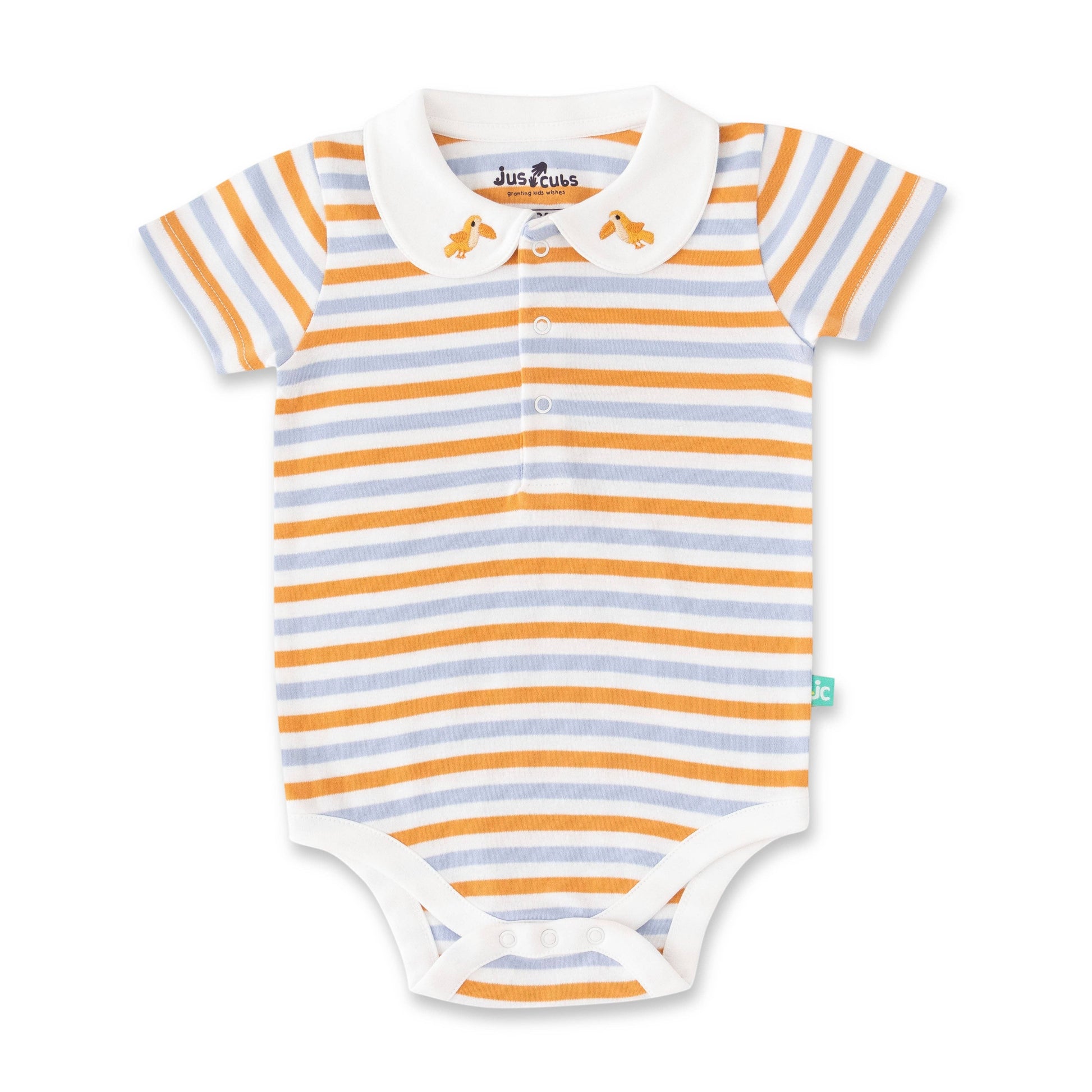 Striped baby onesie with collar on a white background