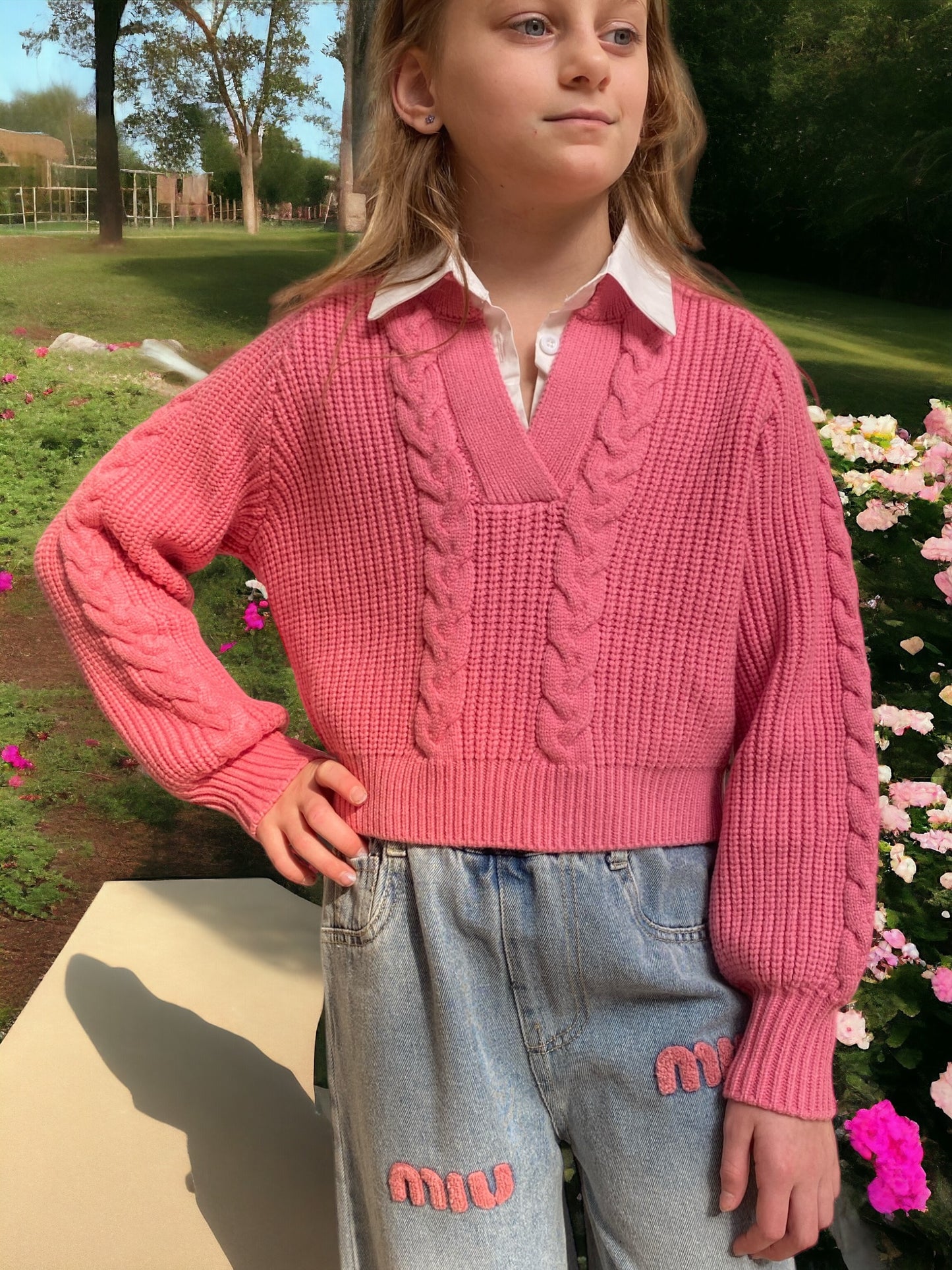 Pink Faux Collared Sweater