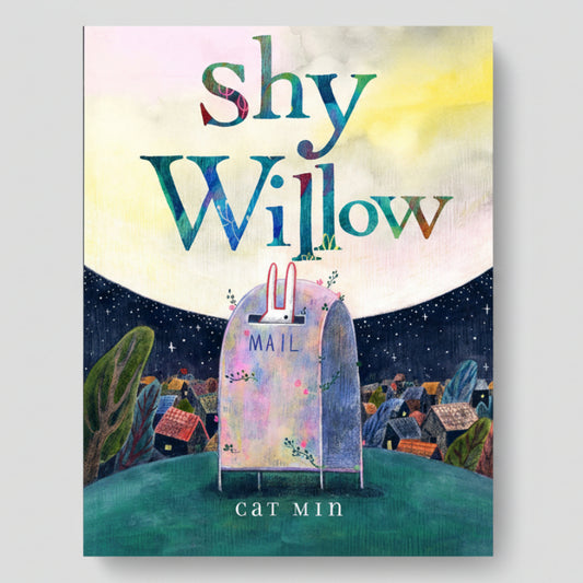 Book cover of 'Shy Willow' with a colorful mailbox and night sky illustration.