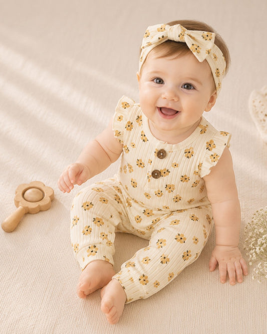 Baby in a floral outfit sitting on a soft surface with a wooden toy and flowers.
