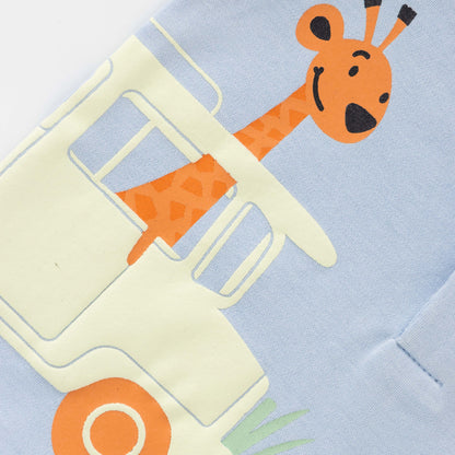Illustration of a giraffe on a toy truck against a light blue background