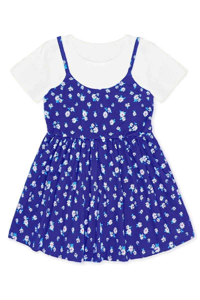 Blue floral dress with white top on a white background