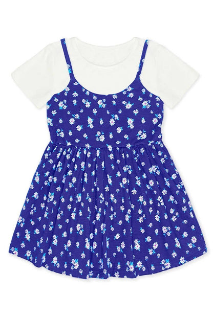 Blue floral dress with white top on a white background