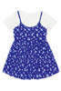 Blue floral dress with white top on a white background