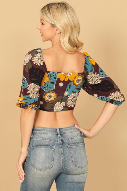 Brown Puff Sleeve Knot Detail Printed Bralette Top