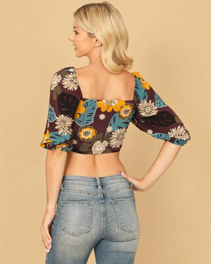 Brown Puff Sleeve Knot Detail Printed Bralette Top